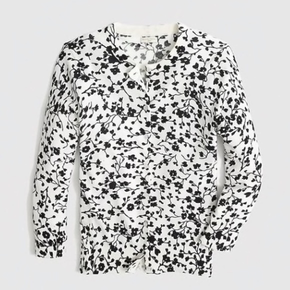 JCREW WOMENS POPULAR CLARE CARDIGAN BUTTON UP SWEATER BLACK WHITE FLORAL MEDIUM - Picture 1 of 6